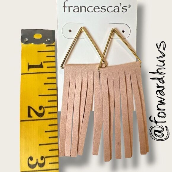 Francesca’s Gold Tone Triangle Taupe Suede Fringe Earrings - Picture 6 of 7